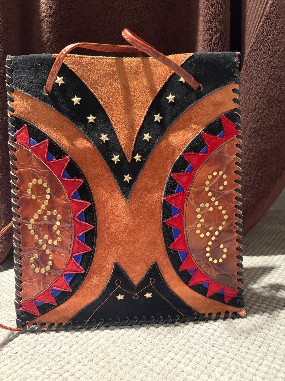 Artisan Brown Suede & Leather Shoulder Bag with Red and Blue Accents
